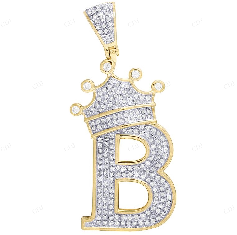 1.75" 0.60 CTW 10K Gold Natural Diamond Crown Initial "B" Pendant CustomDiamJewel