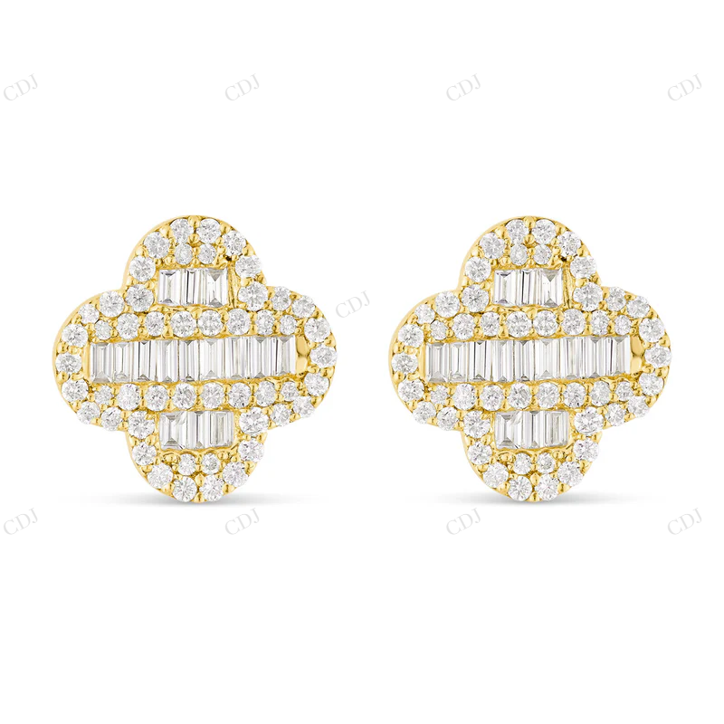 0.85 CTW Baguette & Round Diamond Clover Stud Earrings Stud earrings CustomDiamJewel