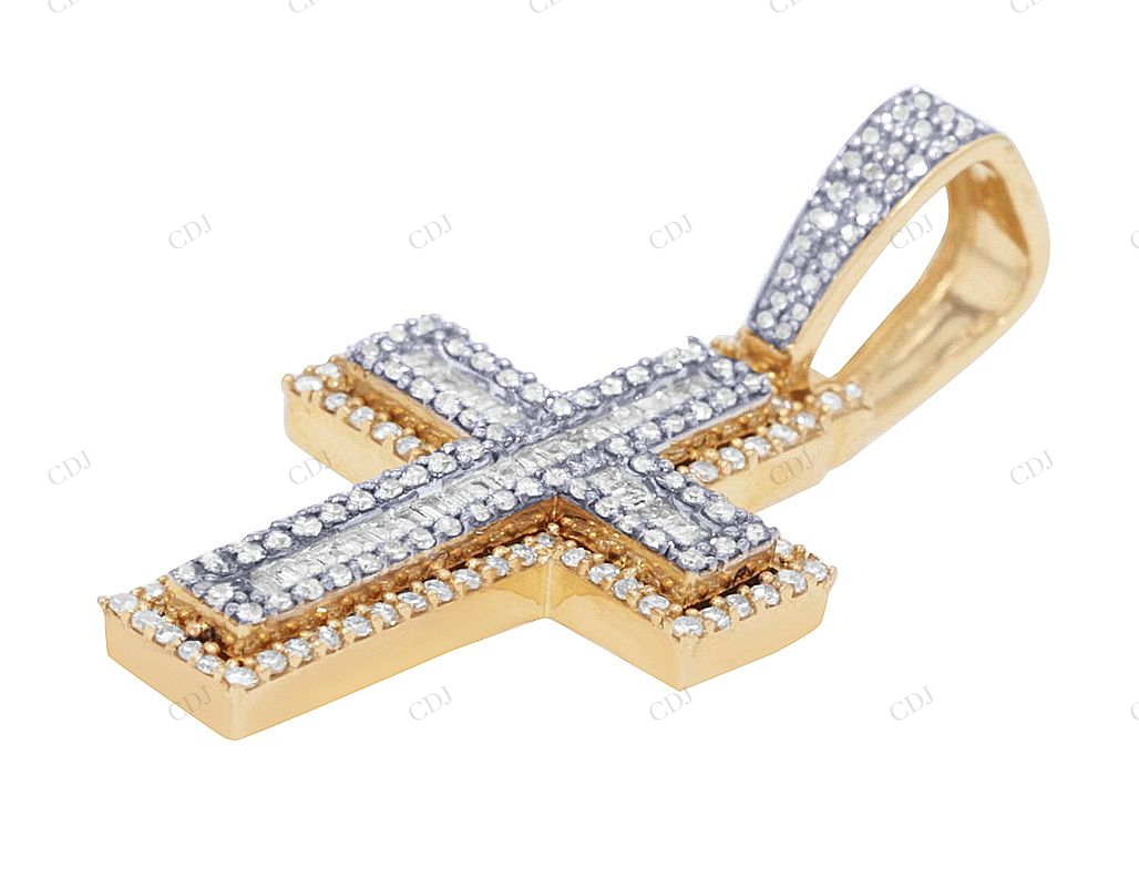 10K Yellow White Gold Baguette Lab Grown Diamond Cross Pendant Hip Hop Pendent CustomDiamJewel