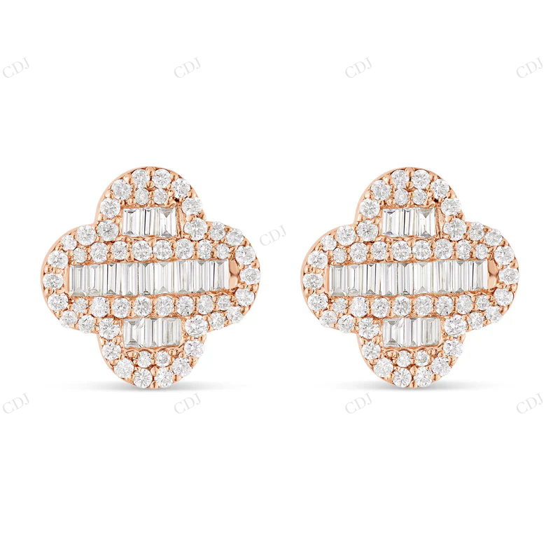 0.85 CTW Baguette & Round Diamond Clover Stud Earrings Stud earrings CustomDiamJewel