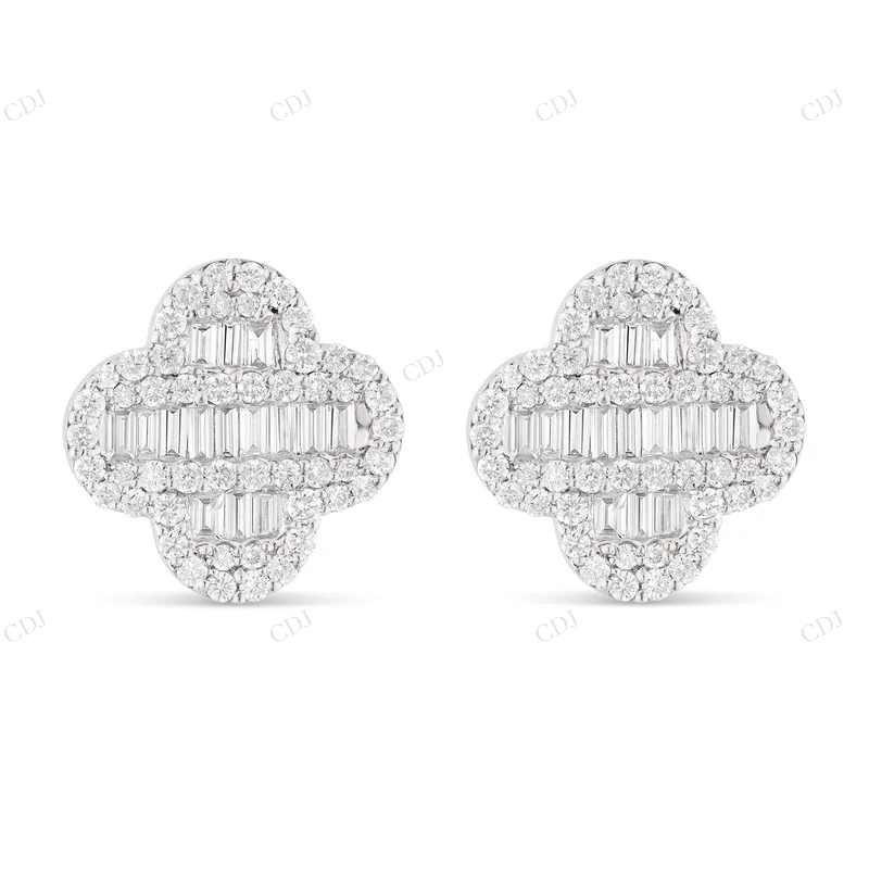 0.85 CTW Baguette & Round Diamond Clover Stud Earrings Stud earrings CustomDiamJewel