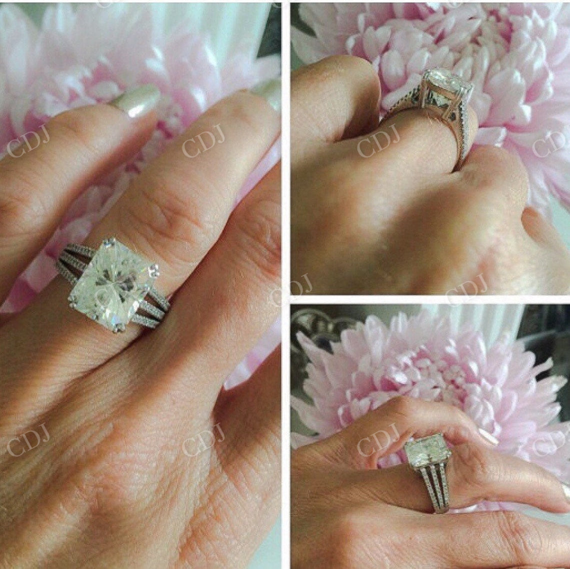 Radiant Cut Triple Row Split Shank Moissanite Engagement Ring  customdiamjewel   