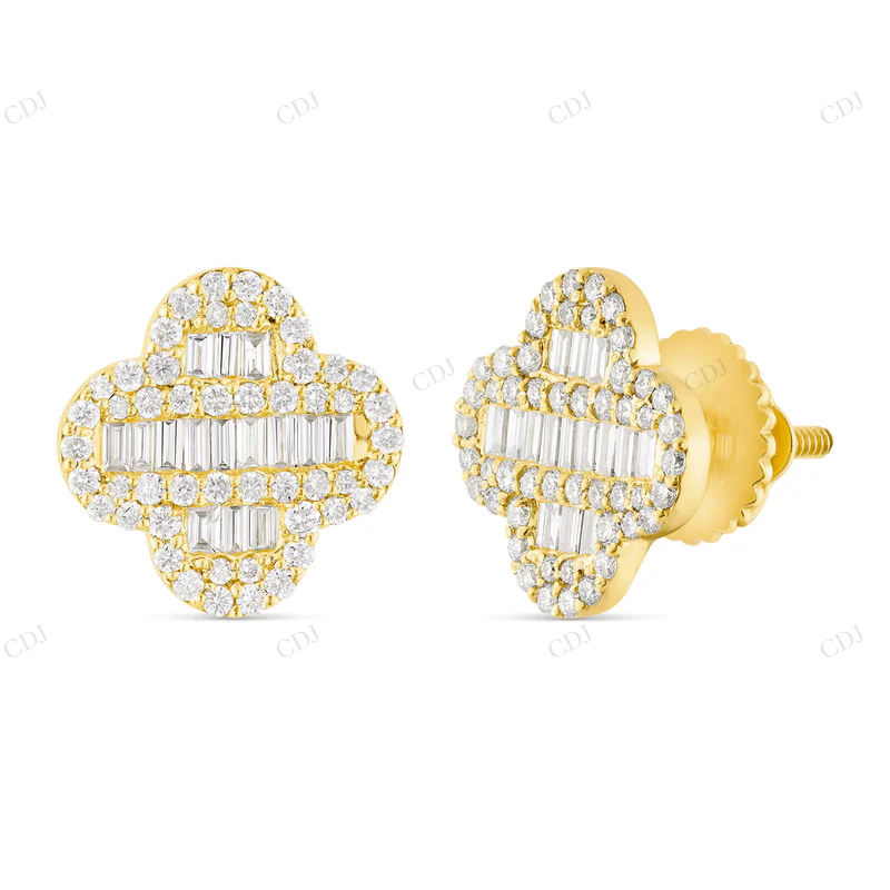 0.85 CTW Baguette & Round Diamond Clover Stud Earrings Stud earrings CustomDiamJewel