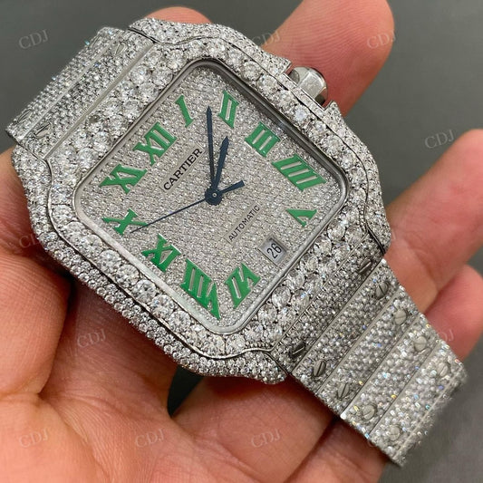 Luxury Green Roman Dial Cartier Santos Automatic Movement Diamond Watch customdiamjewel