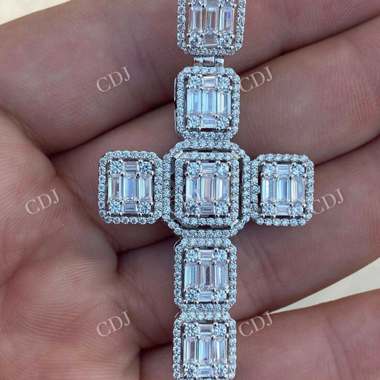 Round And Baguette Diamond Cross Pendant  customdiamjewel   