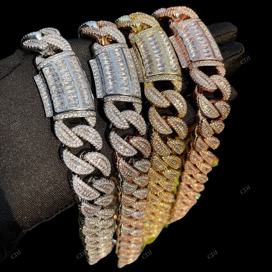 925 Silver Round Baguette Cut Two Tone Miami Cuban Link Chain CustomDiamJewel