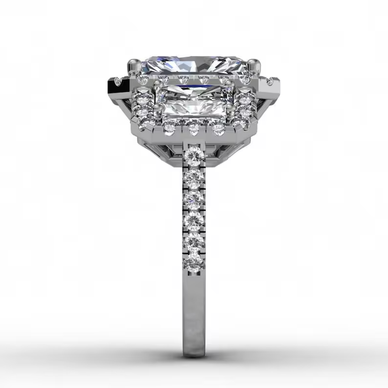Halo Three Stone Engagement Ring  customdiamjewel   