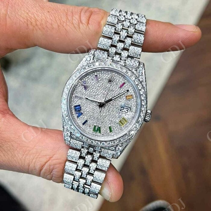 Customized Rainbow Numbers Rolex Moissanite Watch customdiamjewel