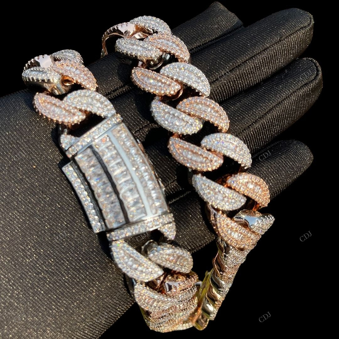 925 Silver Round Baguette Cut Two Tone Miami Cuban Link Chain CustomDiamJewel