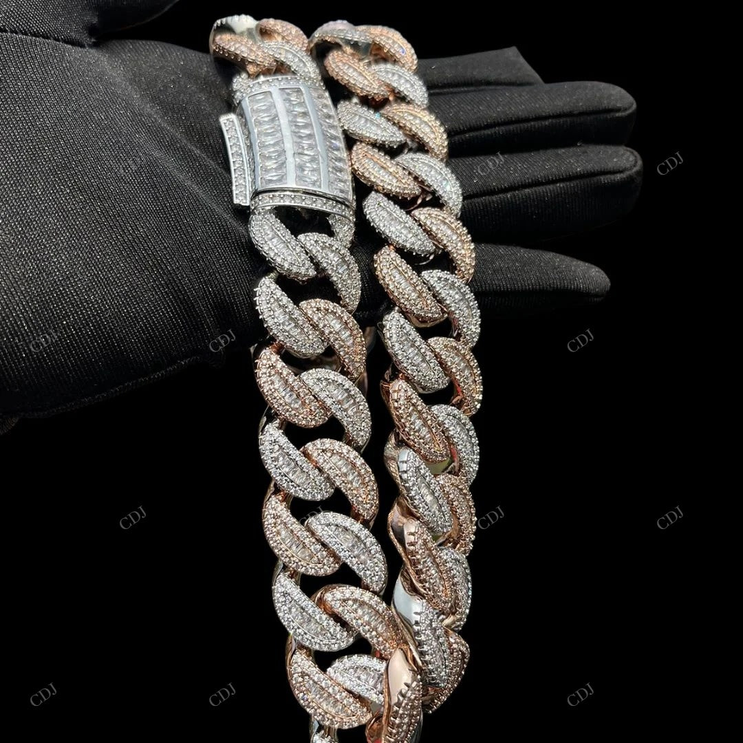 925 Silver Round Baguette Cut Two Tone Miami Cuban Link Chain CustomDiamJewel