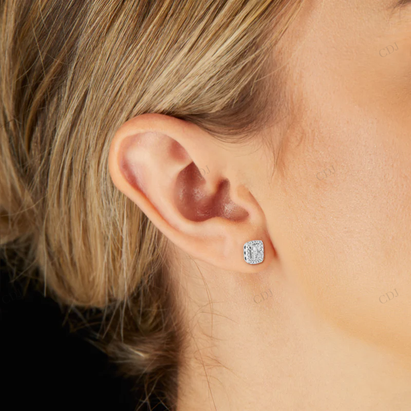 Cushion Cut Moissanite Diamond Halo Stud Earrings Stud earrings CustomDiamJewel