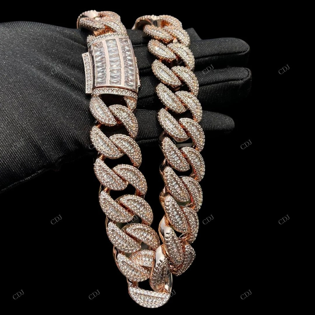 925 Silver Round Baguette Cut Two Tone Miami Cuban Link Chain CustomDiamJewel