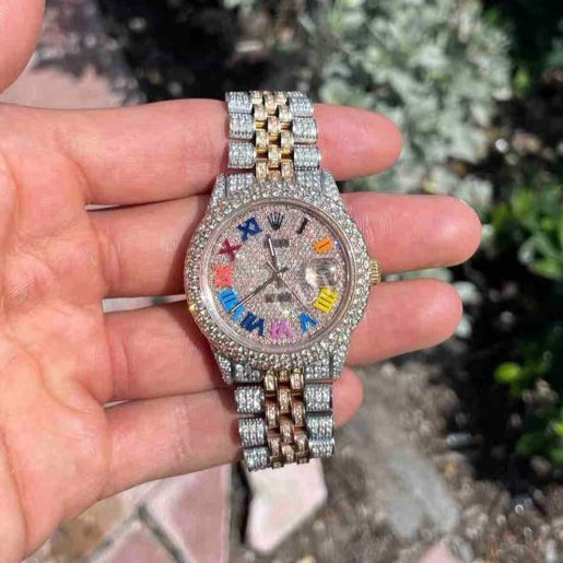 VVS Moissanite Rolex Jubilee Two Tone Rainbow Digit Bust Down Watch customdiamjewel