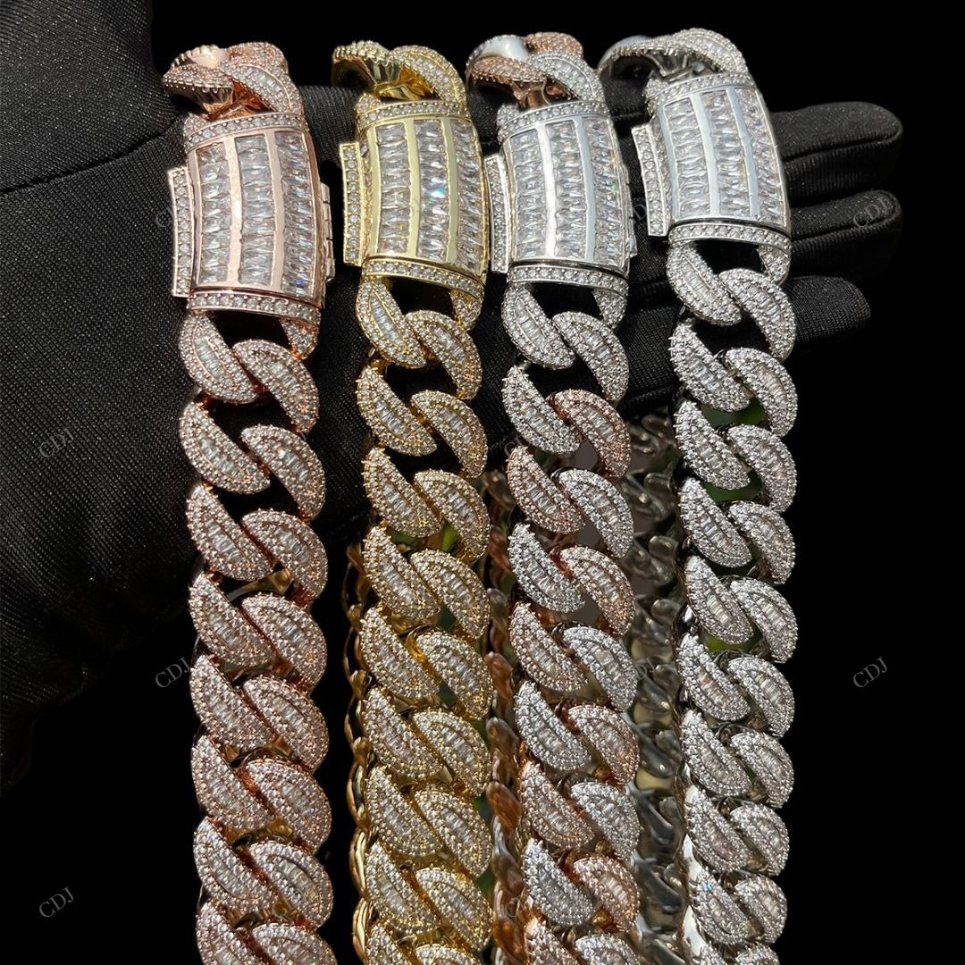 925 Silver Round Baguette Cut Two Tone Miami Cuban Link Chain CustomDiamJewel