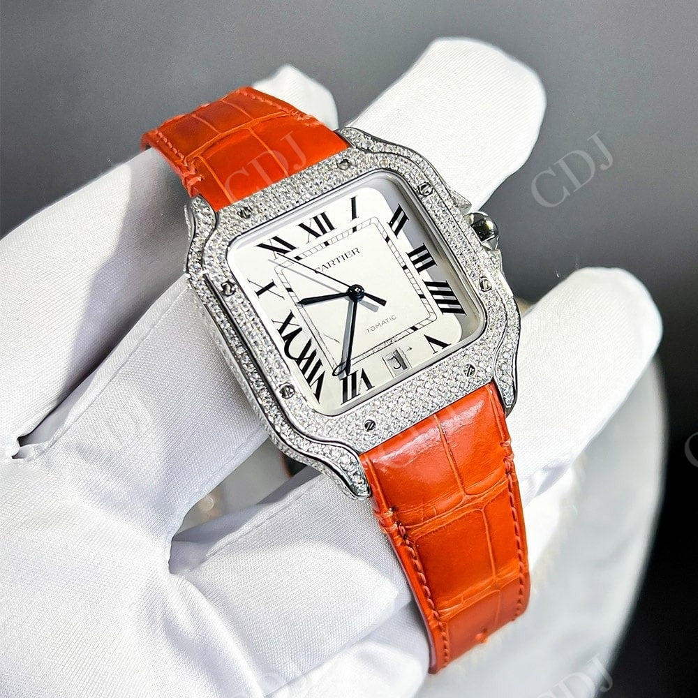 Small Diamond Orange Belt Cartier Moissanite Watch customdiamjewel