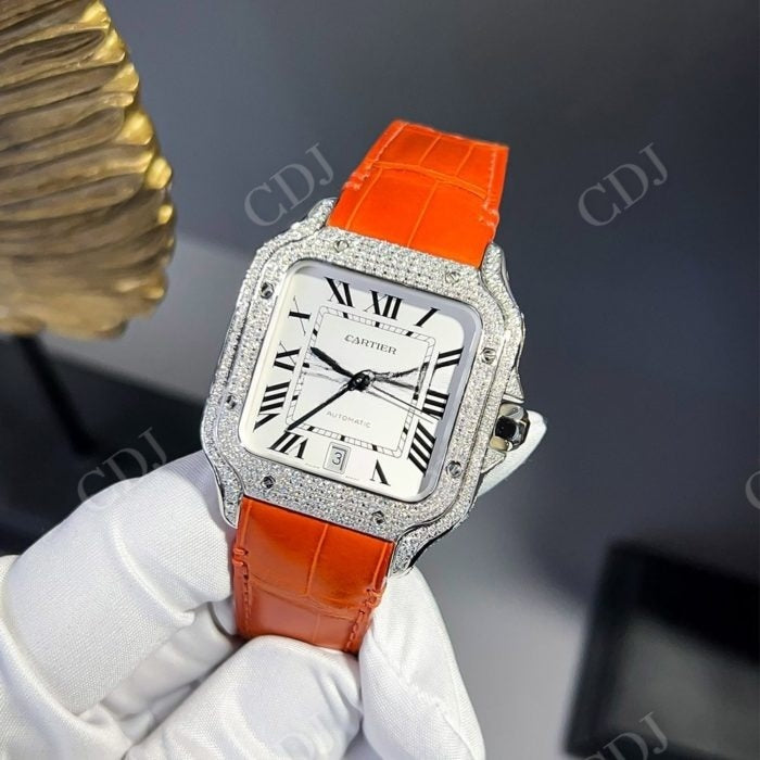 Small Diamond Orange Belt Cartier Moissanite Watch customdiamjewel