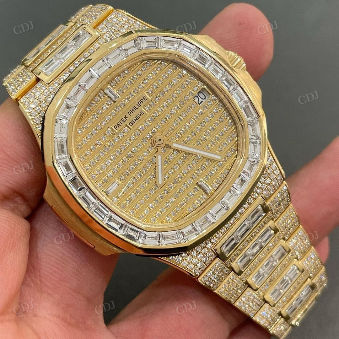 Full Yelllow Patek Philippe Iced Out Moissanite Diamond Custom Watch customdiamjewel