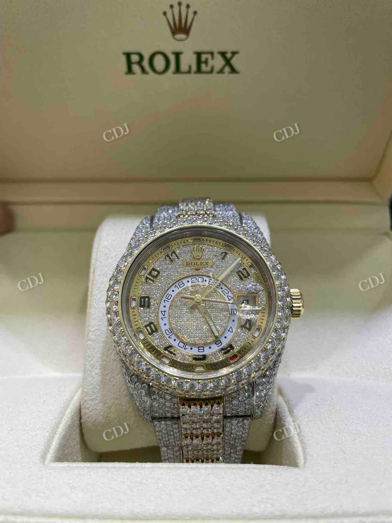 Yellow White Two Tone Rolex Sky Dweller Moissanite Watch for Men's customdiamjewel