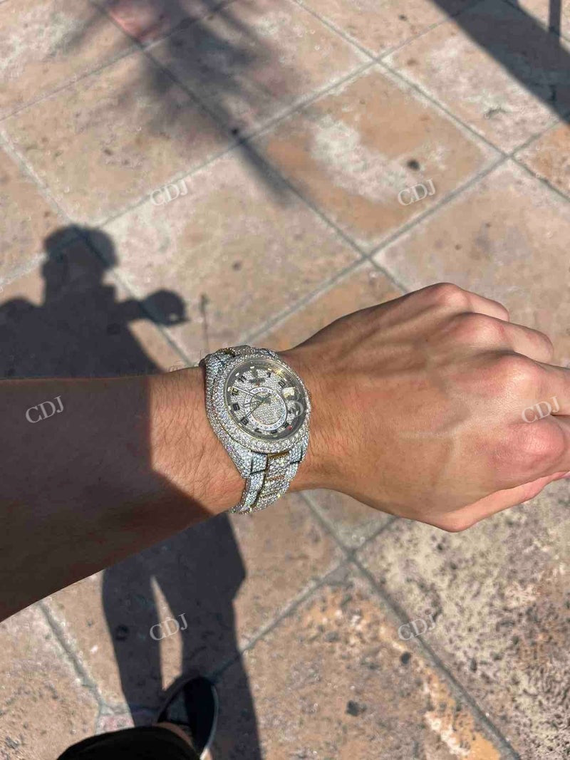 Yellow White Two Tone Rolex Sky Dweller Moissanite Watch for Men's customdiamjewel