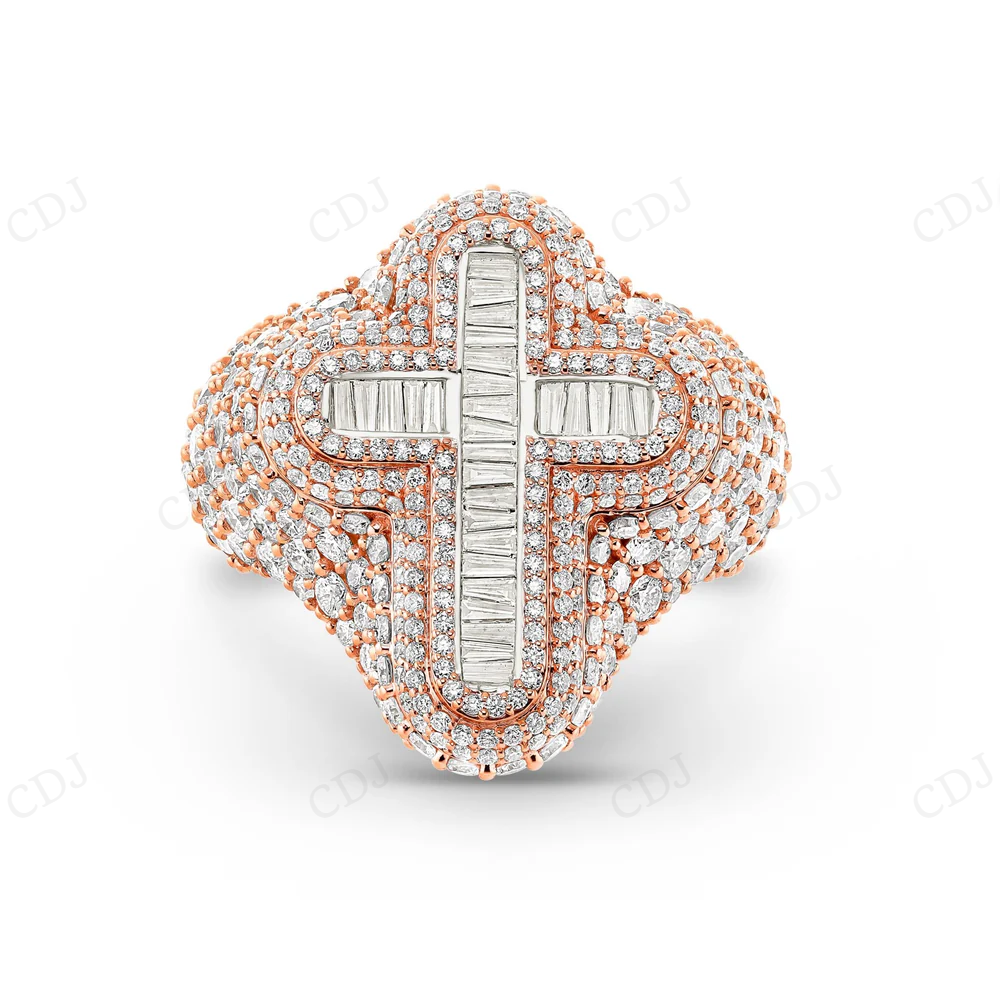 Sterling silver Moissanite Gold Plated Cross Baguette Diamond Ring hip hop jewelry CustomDiamJewel