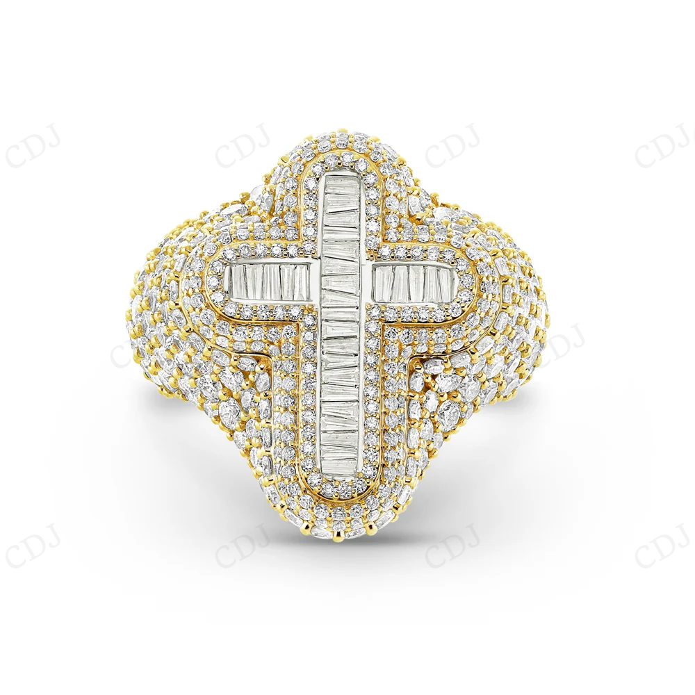 Sterling silver Moissanite Gold Plated Cross Baguette Diamond Ring hip hop jewelry CustomDiamJewel