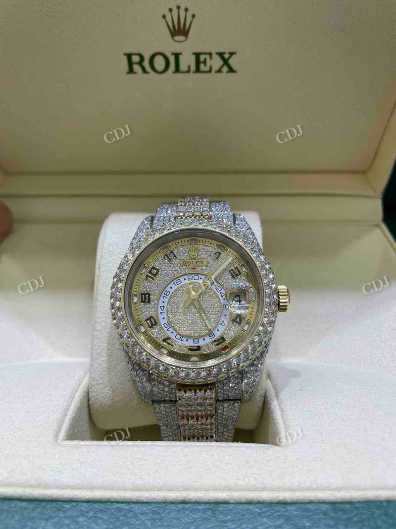 Yellow White Two Tone Rolex Sky Dweller Moissanite Watch for Men's customdiamjewel