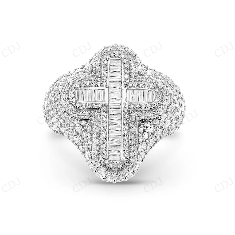 Sterling silver Moissanite Gold Plated Cross Baguette Diamond Ring hip hop jewelry CustomDiamJewel