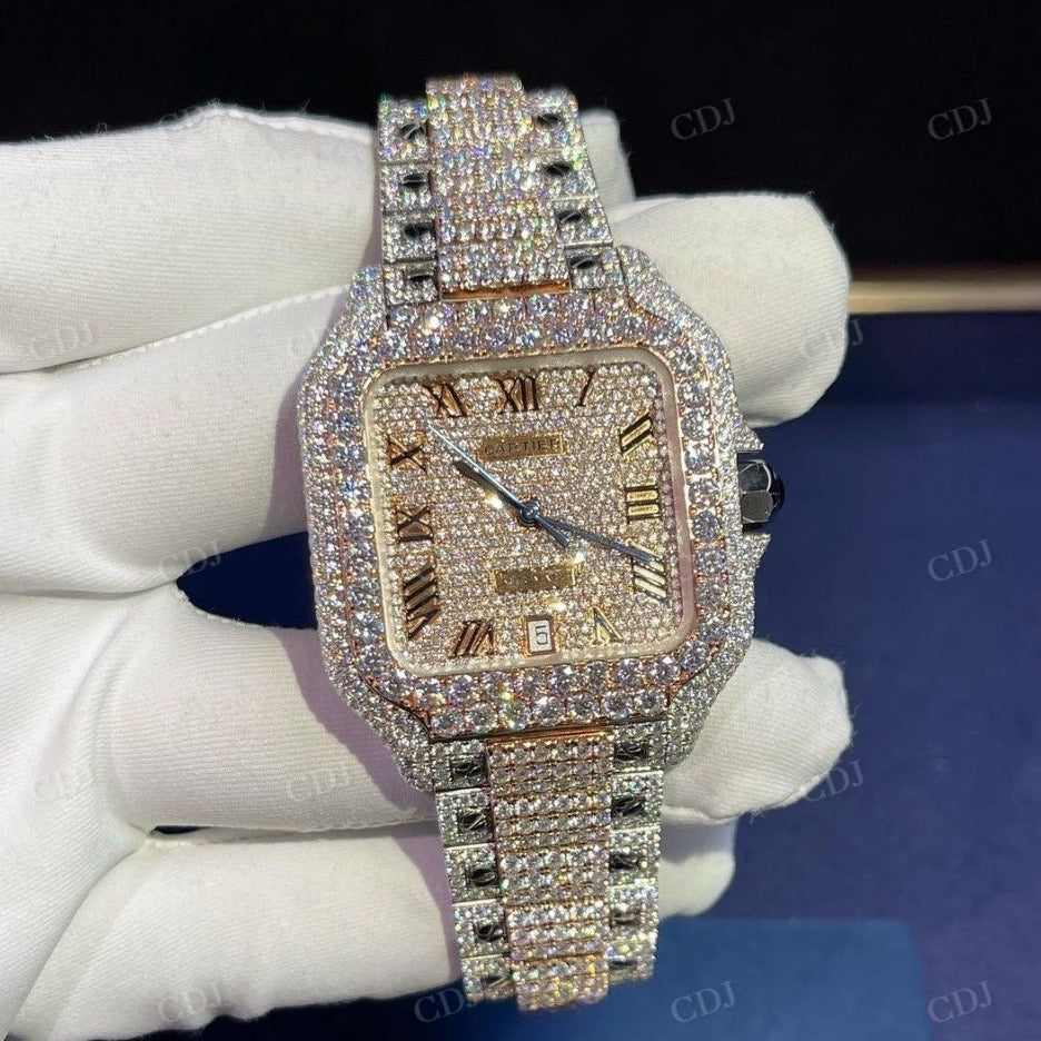 Rose White Fully Iced Out Roman Dial Hip Hop Cartier Automatic Swiss Movement Watch customdiamjewel