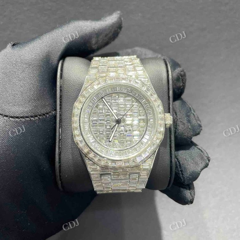 41mm Fully Iced Out Baguette Studded Bust Down AP Moissanite Watch customdiamjewel