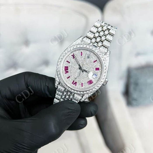 Pink Baguette Numbers Fully Iced Out Rolex Jubilee Watch customdiamjewel