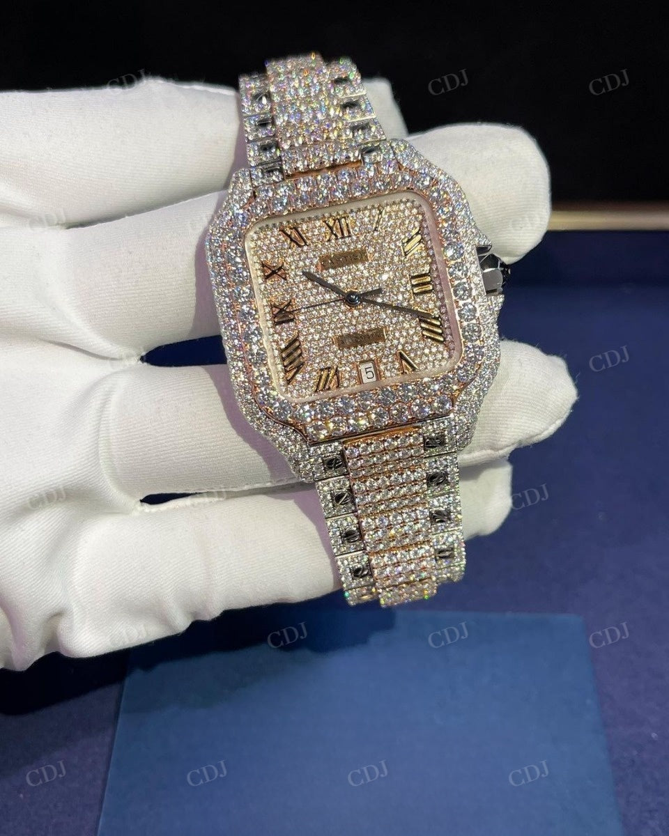 Rose White Fully Iced Out Roman Dial Hip Hop Cartier Automatic Swiss Movement Watch customdiamjewel