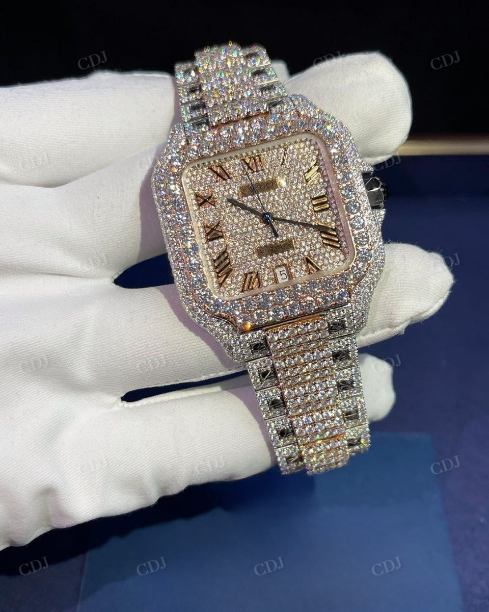 Rose White Fully Iced Out Roman Dial Hip Hop Cartier Automatic Swiss Movement Watch customdiamjewel