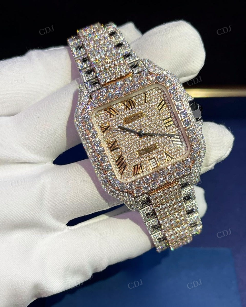 Rose White Fully Iced Out Roman Dial Hip Hop Cartier Automatic Swiss Movement Watch customdiamjewel