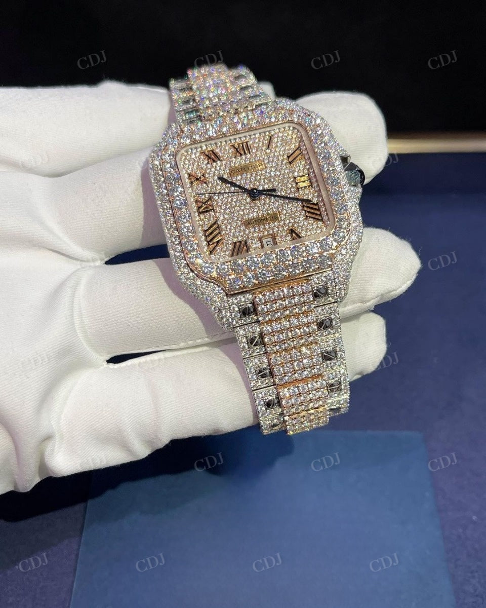 Rose White Fully Iced Out Roman Dial Hip Hop Cartier Automatic Swiss Movement Watch customdiamjewel