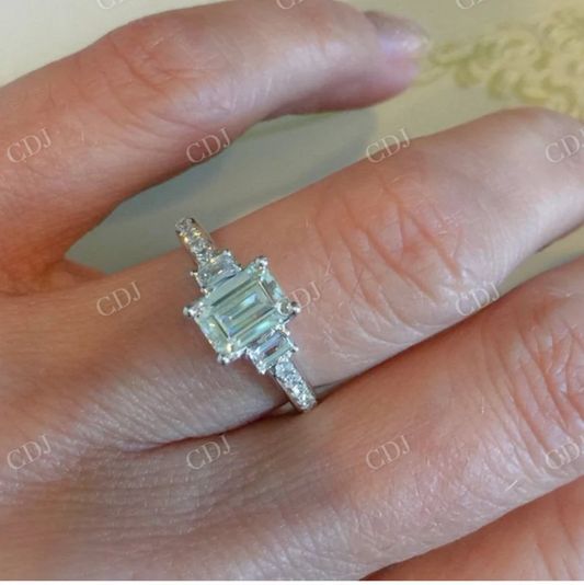 Emerald 3 Stone Moissanite Engagement Ring