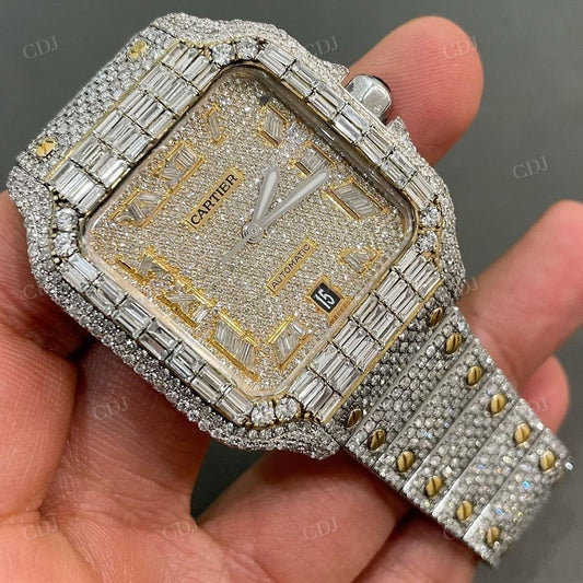 Baguette Diamond Two Tone Cartier Santos Modified Custom Hip Hop Watch customdiamjewel