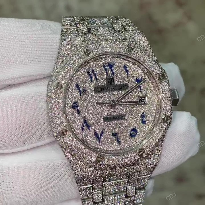 Full White AP Regular Belt Arabic Blue Digit Moissanite Diamond Watch hip hop jewelry CustomDiamJewel