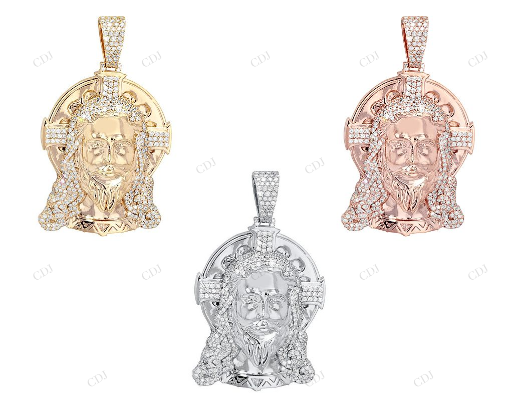 Jesus Head 10K Gold Lab Grown Diamond Halo Cross Pendant Hip Hop Pendent CustomDiamJewel
