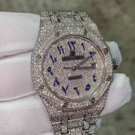 Full White AP Regular Belt Arabic Blue Digit Moissanite Diamond Watch hip hop jewelry CustomDiamJewel