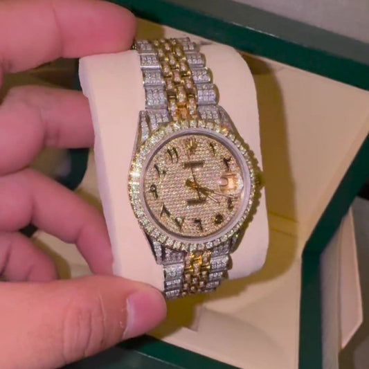 Yellow White 2 Tone Rolex Arabic Digit Moissanite Diamond Set Iced Out Hip Hop Watch hip hop jewelry CustomDiamJewel