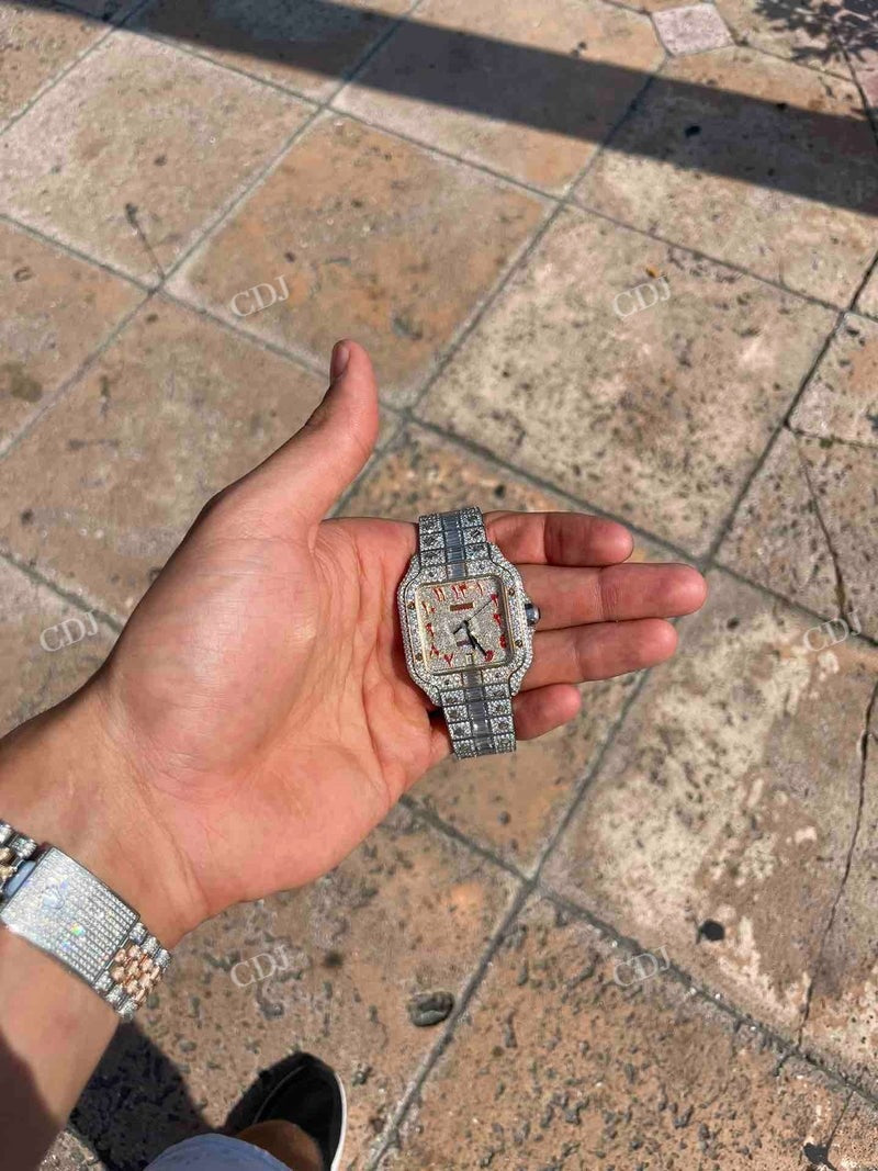 Cartier Santos Baguette On Belt Red Arabic Digit Moissanite Watch For Men customdiamjewel