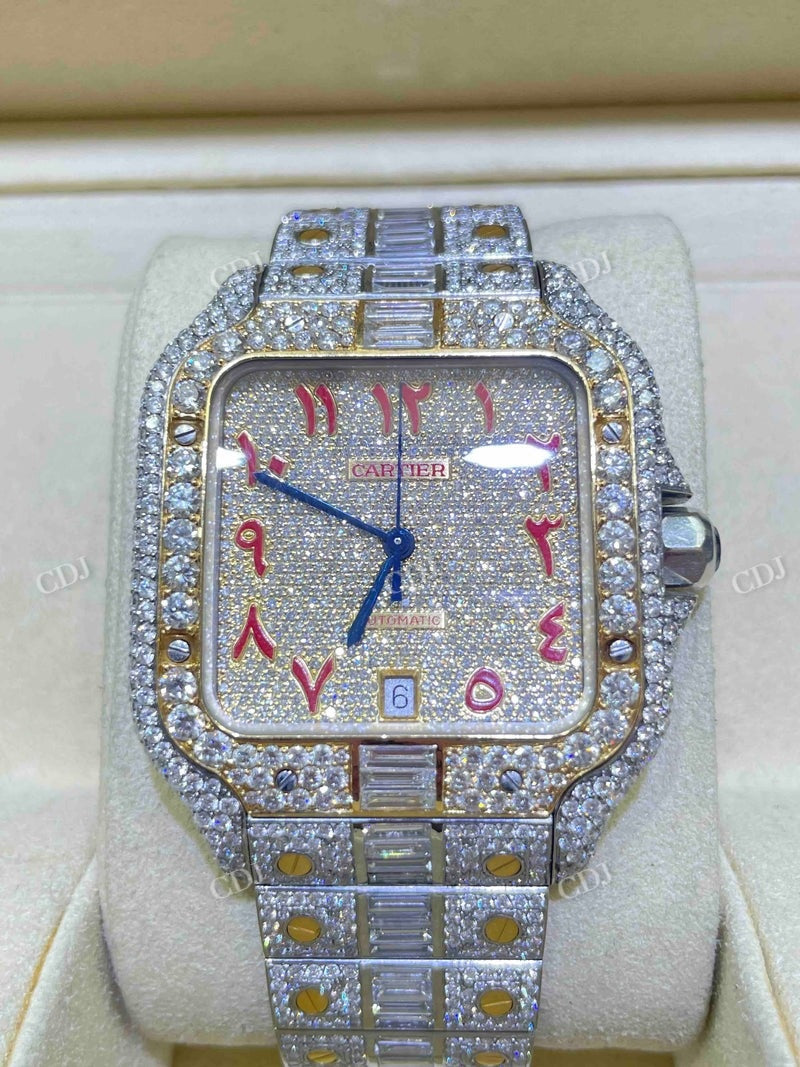 Cartier Santos Baguette On Belt Red Arabic Digit Moissanite Watch For Men customdiamjewel
