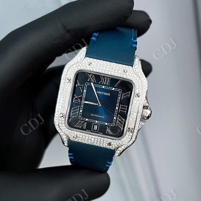 Simple Blue Belt Cartier Santos Moissanite Watch customdiamjewel