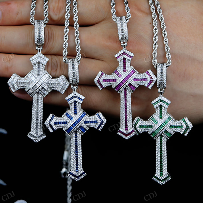 Iced Out Baguette Moissanite Diamond Unique Cross Pendant hip hop jewelry CustomDiamJewel