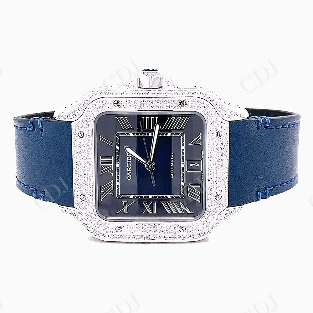Simple Blue Belt Cartier Santos Moissanite Watch customdiamjewel