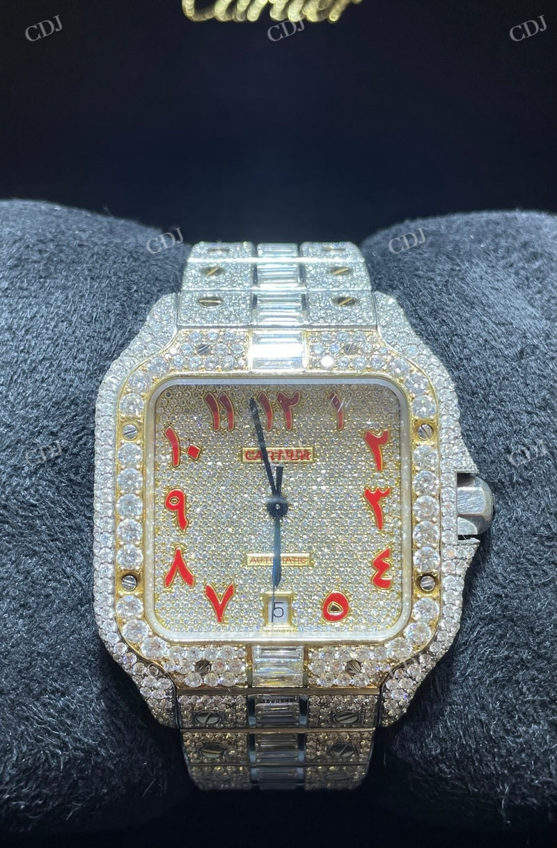 Cartier Santos Baguette On Belt Red Arabic Digit Moissanite Watch For Men customdiamjewel