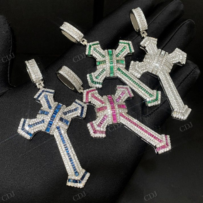 Iced Out Baguette Moissanite Diamond Unique Cross Pendant hip hop jewelry CustomDiamJewel