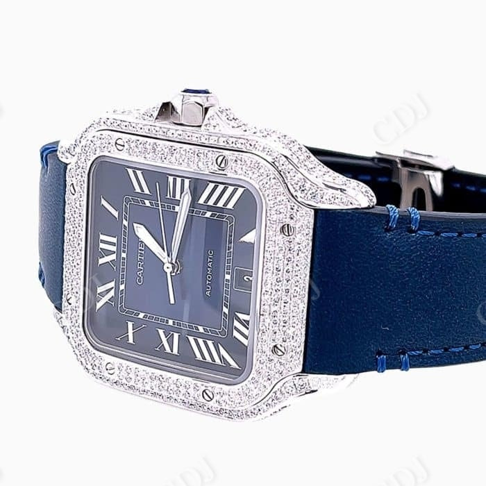 Simple Blue Belt Cartier Santos Moissanite Watch customdiamjewel