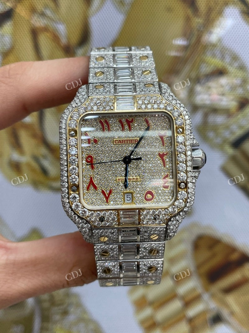 Cartier Santos Baguette On Belt Red Arabic Digit Moissanite Watch For Men customdiamjewel