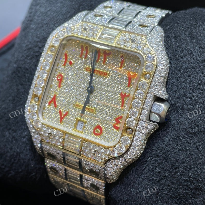 Cartier Santos Baguette On Belt Red Arabic Digit Moissanite Watch For Men customdiamjewel